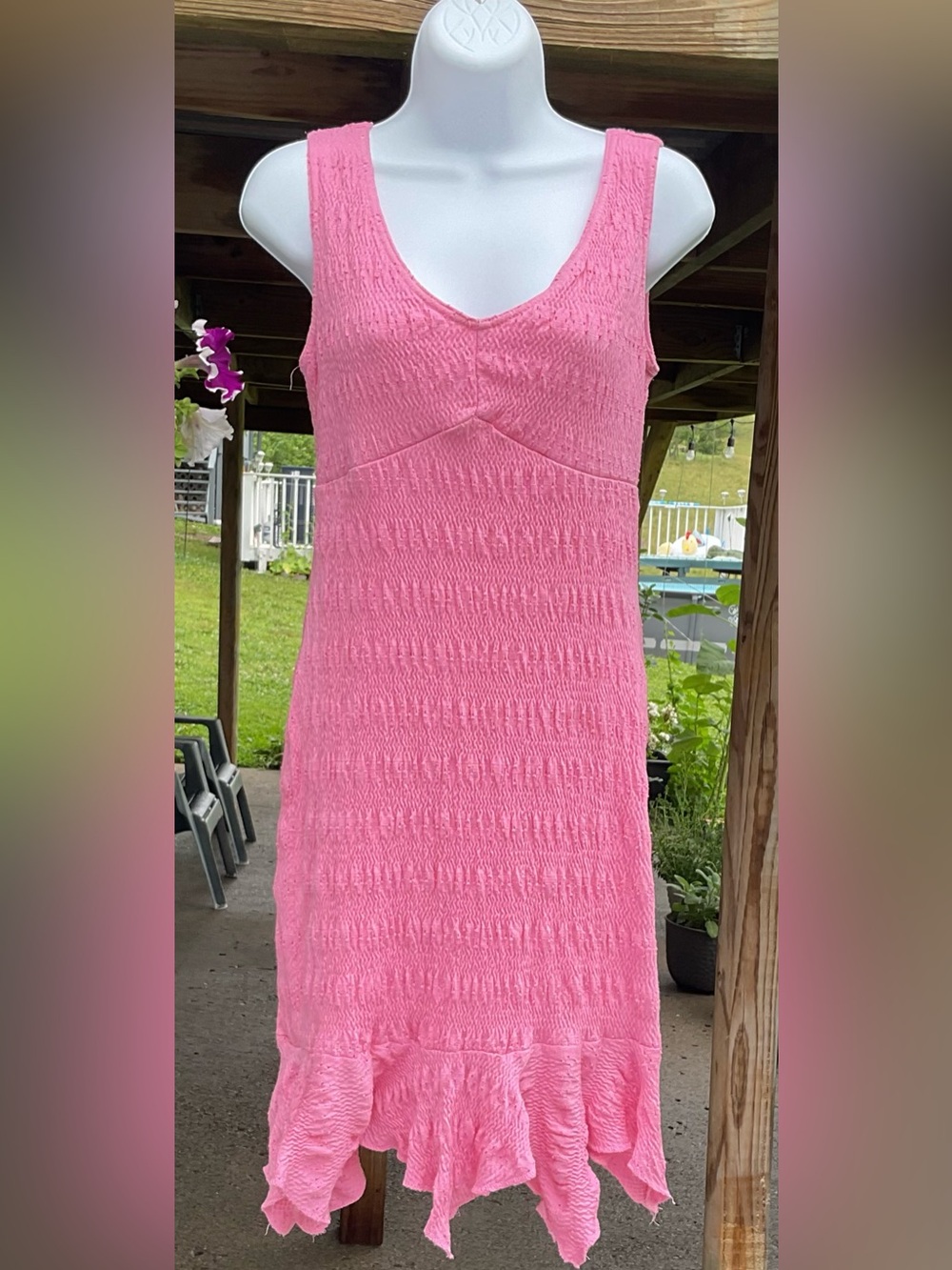 Vintage Y2K Pink Textured Crinkle Ruffle Hem Sleeveless Midi Dress M